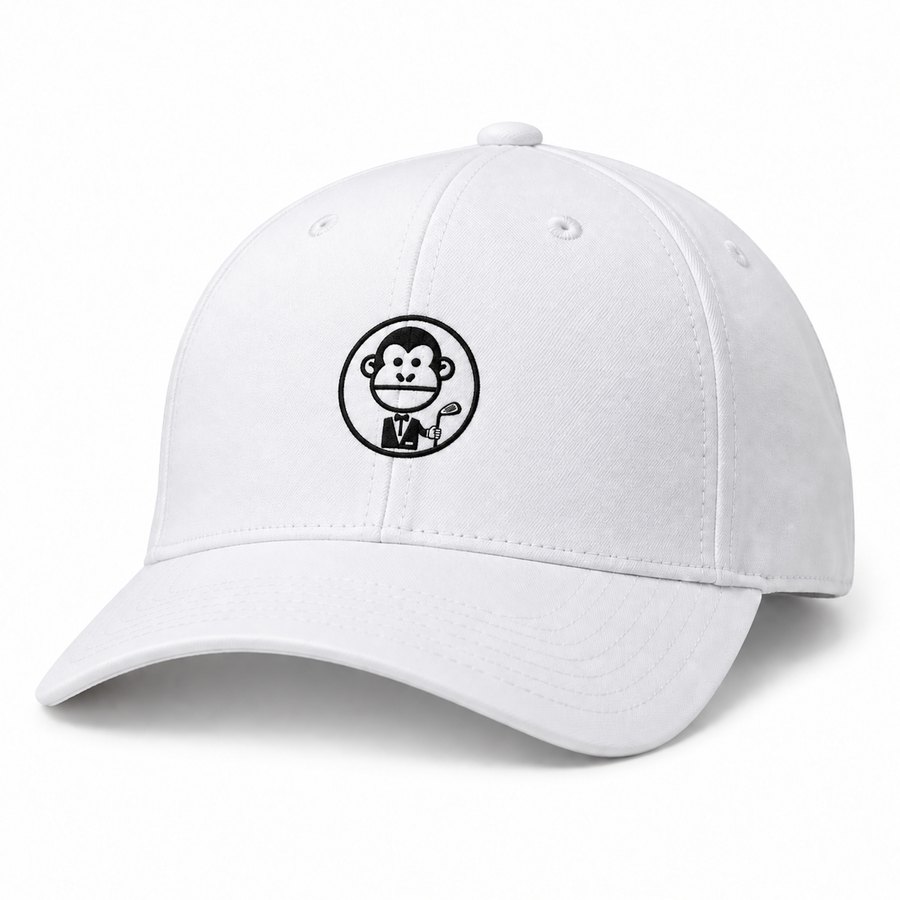 Drop 001 cap — white with the tuxedo monkey crest