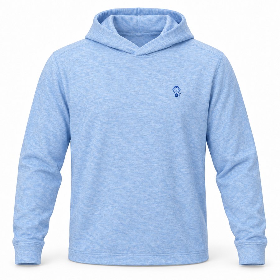 Drop 001 hoodie — heather blue with the monkey on the chest